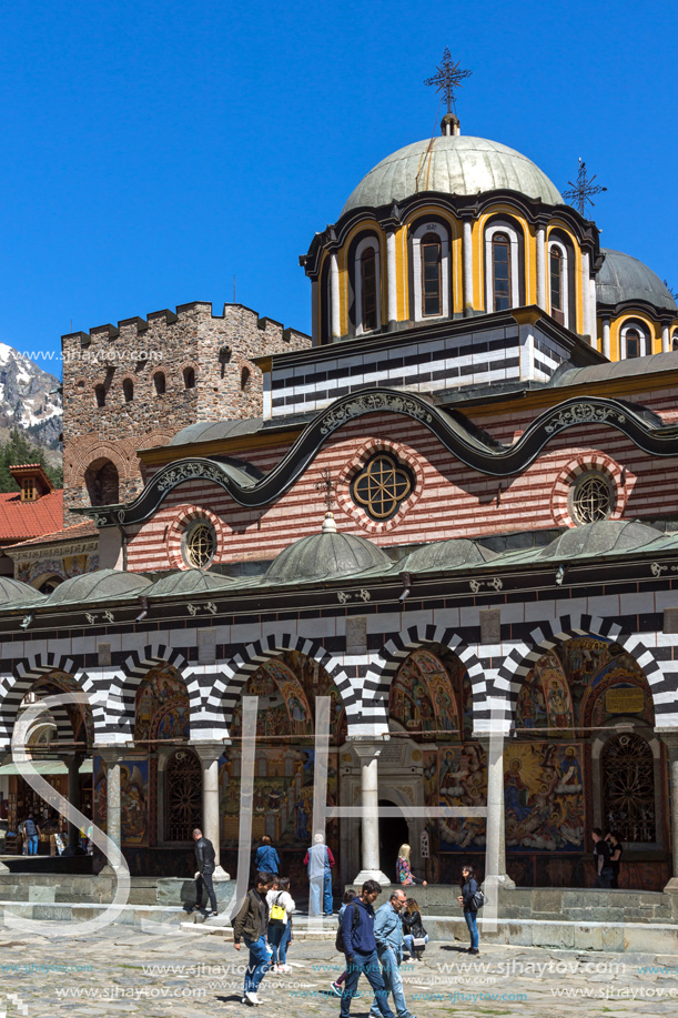 RILA MONASTERY, BULGARIA - APRIL 21, 2018: Tourist visiting Monastery of Saint Ivan (John) of Rila (Rila Monastery), Kyustendil Region, Bulgaria