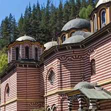 RILA MONASTERY, BULGARIA - APRIL 21, 2018: Tourist visiting Monastery of Saint Ivan (John) of Rila (Rila Monastery), Kyustendil Region, Bulgaria