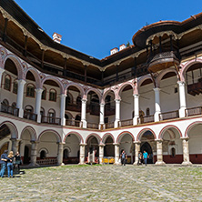 RILA MONASTERY, BULGARIA - APRIL 21, 2018: Tourist visiting Monastery of Saint Ivan (John) of Rila (Rila Monastery), Kyustendil Region, Bulgaria
