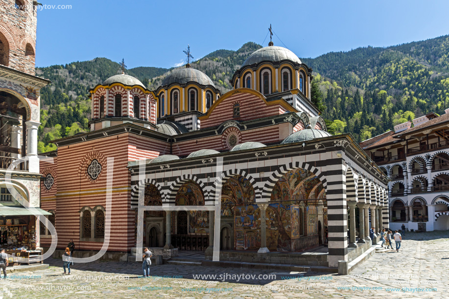 RILA MONASTERY, BULGARIA - APRIL 21, 2018: Tourist visiting Monastery of Saint Ivan (John) of Rila (Rila Monastery), Kyustendil Region, Bulgaria
