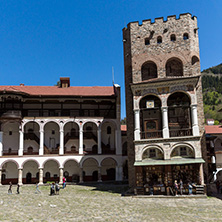 RILA MONASTERY, BULGARIA - APRIL 21, 2018: Tourist visiting Monastery of Saint Ivan (John) of Rila (Rila Monastery), Kyustendil Region, Bulgaria