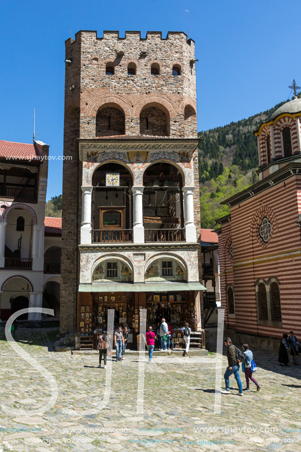 RILA MONASTERY, BULGARIA - APRIL 21, 2018: Tourist visiting Monastery of Saint Ivan (John) of Rila (Rila Monastery), Kyustendil Region, Bulgaria