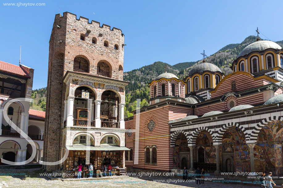 RILA MONASTERY, BULGARIA - APRIL 21, 2018: Tourist visiting Monastery of Saint Ivan (John) of Rila (Rila Monastery), Kyustendil Region, Bulgaria