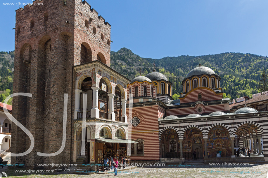 RILA MONASTERY, BULGARIA - APRIL 21, 2018: Tourist visiting Monastery of Saint Ivan (John) of Rila (Rila Monastery), Kyustendil Region, Bulgaria
