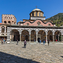 RILA MONASTERY, BULGARIA - APRIL 21, 2018: Tourist visiting Monastery of Saint Ivan (John) of Rila (Rila Monastery), Kyustendil Region, Bulgaria