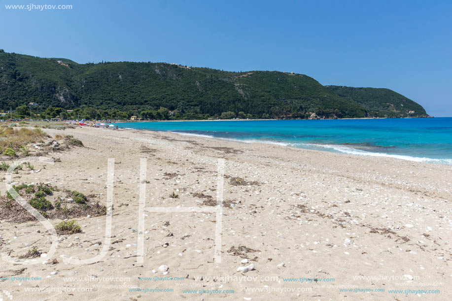 LEFKADA, GREECE- JULY 16, 2014: Panoramic view of Agios Ioanis beach with blue waters, Lefkada, Ionian Islands, Greece