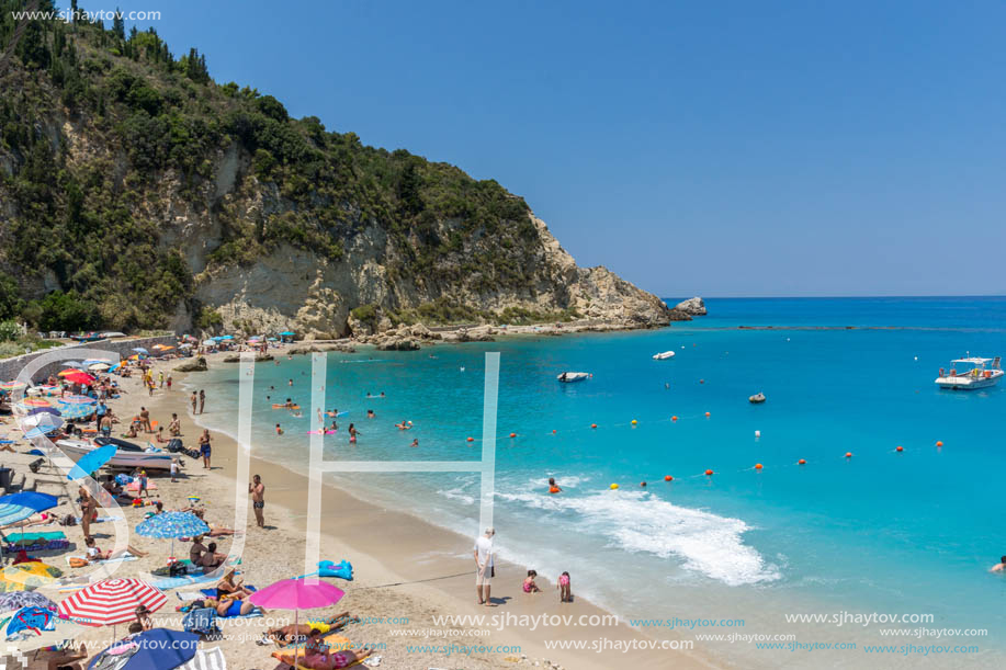 AGIOS NIKITAS, LEFKADA, GREECE - JULY 16, 2014: Tourist visiting beach of village of Agios Nikitas, Lefkada, Ionian Islands, Greece