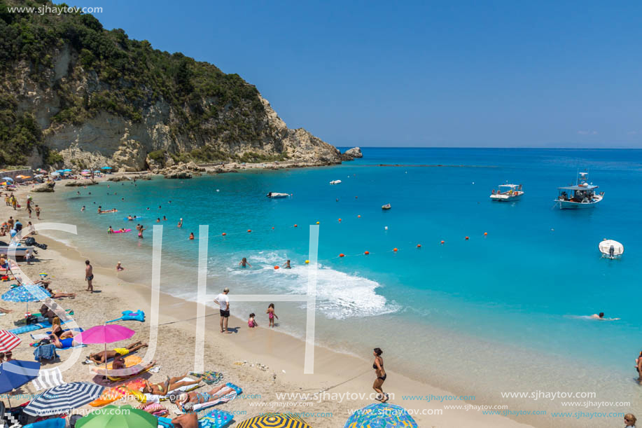 AGIOS NIKITAS, LEFKADA, GREECE - JULY 16, 2014: Tourist visiting beach of village of Agios Nikitas, Lefkada, Ionian Islands, Greece