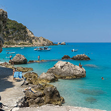 AGIOS NIKITAS, LEFKADA, GREECE - JULY 16, 2014: Tourist visiting beach of village of Agios Nikitas, Lefkada, Ionian Islands, Greece