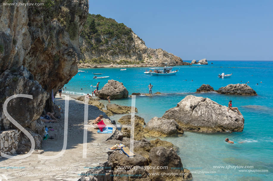 AGIOS NIKITAS, LEFKADA, GREECE - JULY 16, 2014: Tourist visiting beach of village of Agios Nikitas, Lefkada, Ionian Islands, Greece