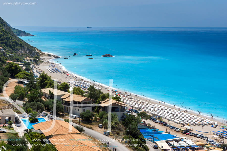 KATHISMA BEACH, LEFKADA, GREECE - JULY 16, 2014: Tourist at Kathisma beach , Lefkada, Ionian Islands, Greece