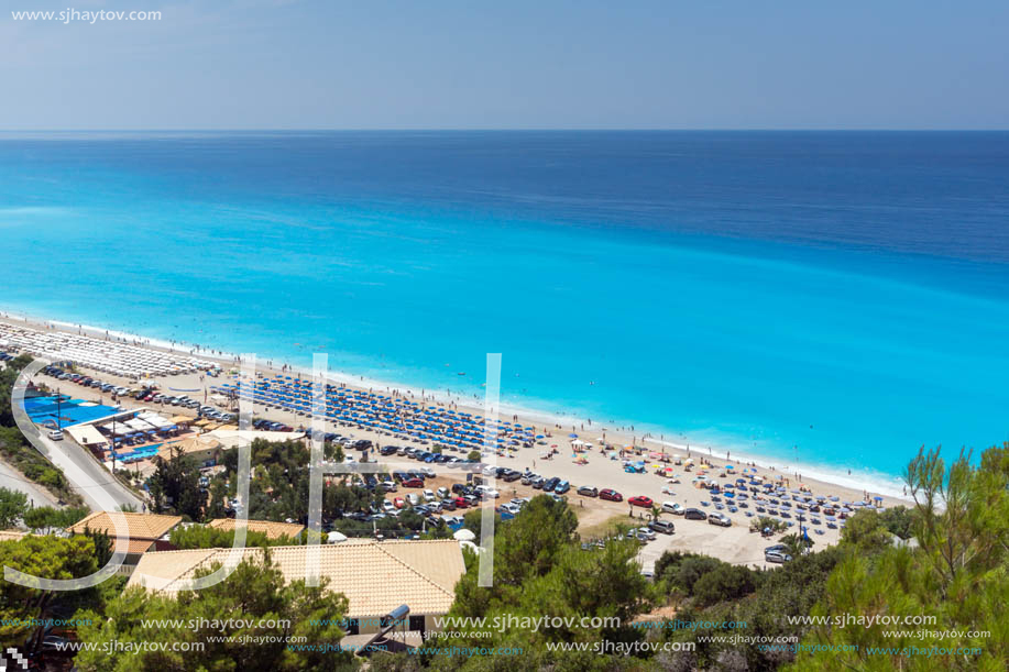 KATHISMA BEACH, LEFKADA, GREECE - JULY 16, 2014: Tourist at Kathisma beach , Lefkada, Ionian Islands, Greece