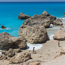 MEGALI PETRA BEACH, LEFKADA, GREECE - JULY 16, 2014: Panoramic view of blue waters of Megali Petra Beach, Lefkada, Ionian Islands, Greece