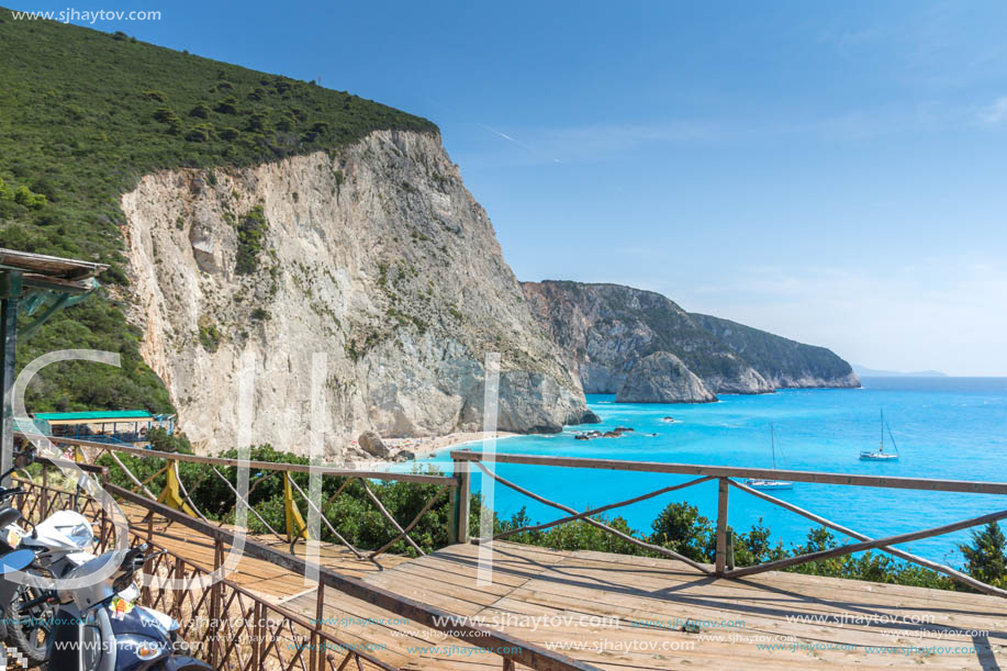 PORTO KATSIKI BEACH, LEFKADA, GREECE - JULY 16, 2014: People visiting Porto Katsiki Beach with blue waters, Lefkada, Ionian Islands, Greece