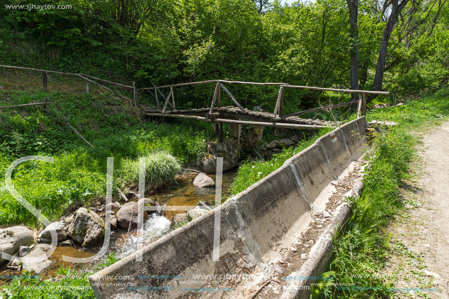 Wooden bridge over Fotinovo River near village of Fotinovo in Rhodopes Mountain, Pazardzhik region, Bulgaria