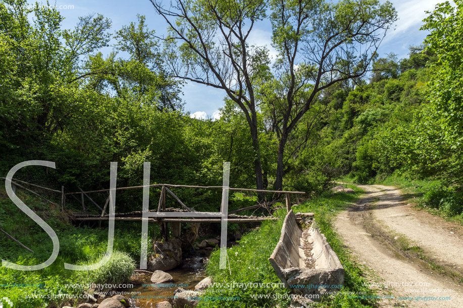 Wooden bridge over Fotinovo River near village of Fotinovo in Rhodopes Mountain, Pazardzhik region, Bulgaria