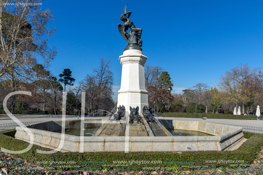 MADRID, SPAIN - JANUARY 22, 2018: Fountain of the Fallen Angel in The Retiro Park in City of Madrid, Spain