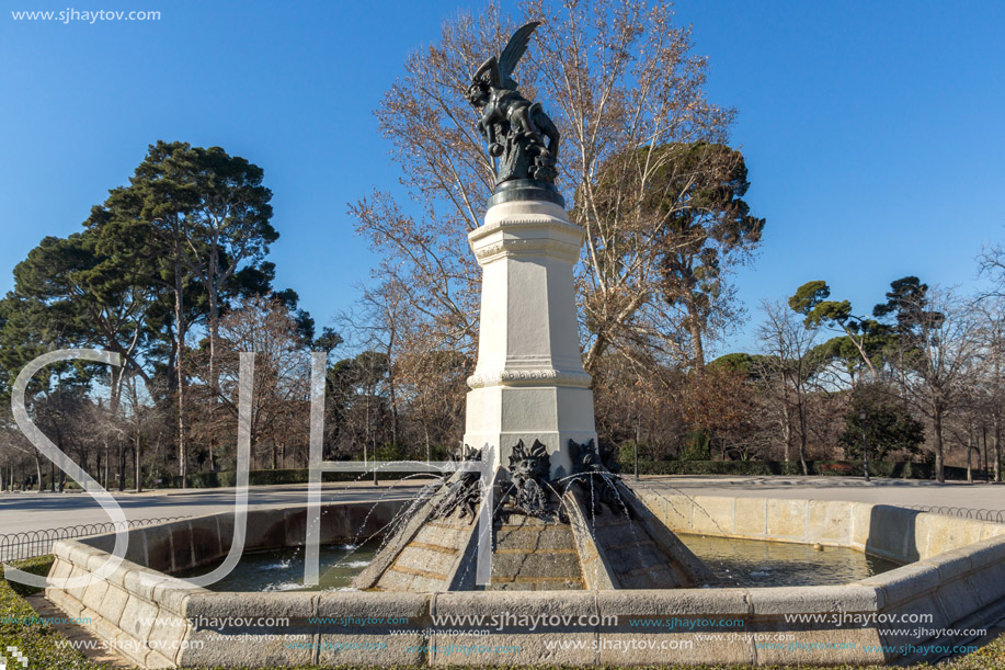 MADRID, SPAIN - JANUARY 22, 2018: Fountain of the Fallen Angel in The Retiro Park in City of Madrid, Spain