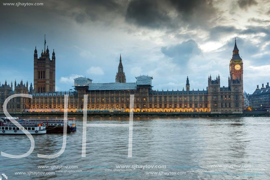 LONDON, ENGLAND - JUNE 16 2016: Night photo of Houses of Parliament with Big Ben from Westminster bridge, London, England, Great Britain