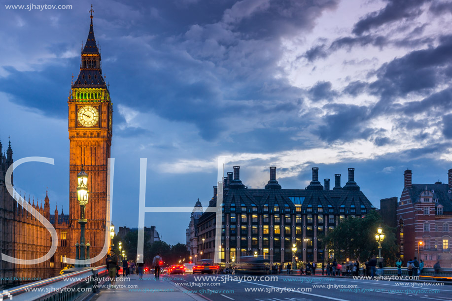 LONDON, ENGLAND - JUNE 16 2016: Night photo of Houses of Parliament with Big Ben from Westminster bridge, London, England, Great Britain