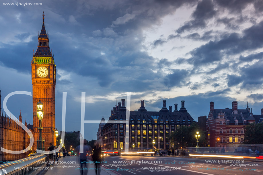 LONDON, ENGLAND - JUNE 16 2016: Night photo of Houses of Parliament with Big Ben from Westminster bridge, London, England, Great Britain