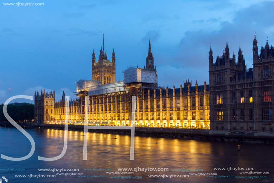 LONDON, ENGLAND - JUNE 16 2016: Night photo of Houses of Parliament  from Westminster bridge, London, England, Great Britain