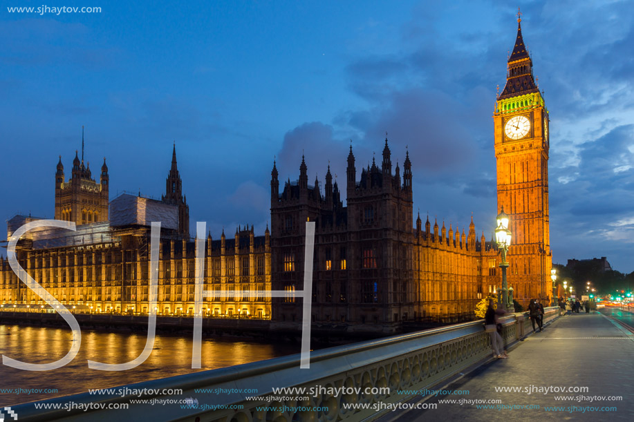 LONDON, ENGLAND - JUNE 16 2016: Night photo of Houses of Parliament with Big Ben from Westminster bridge, London, England, Great Britain