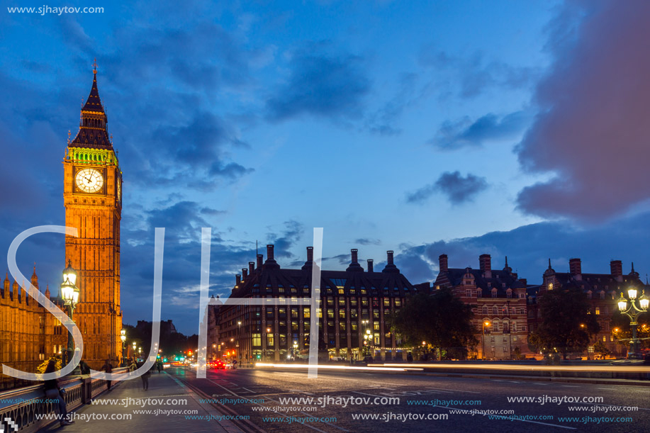 LONDON, ENGLAND - JUNE 16 2016: Night photo of Houses of Parliament with Big Ben from Westminster bridge, London, England, Great Britain