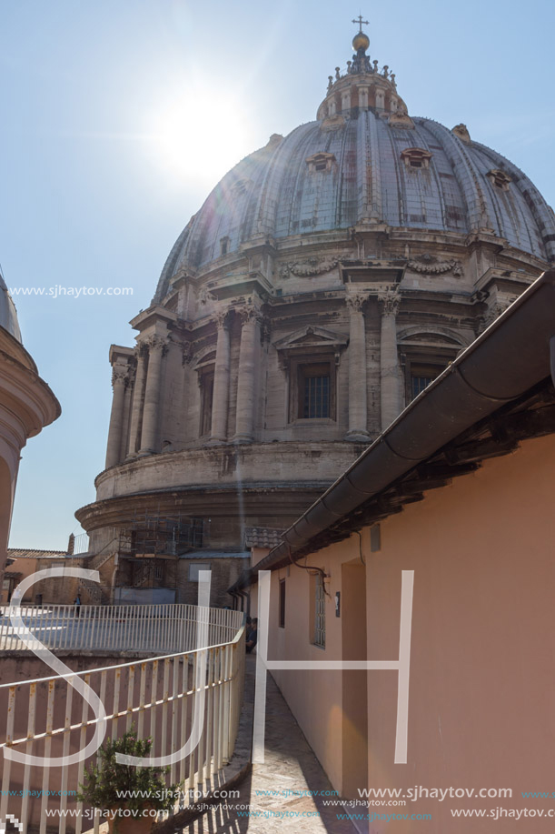 ROME, ITALY - JUNE 24, 2017: Architectural detail of St. Peter"s Basilica at  Saint Peter"s Square, Vatican, Rome, Italy