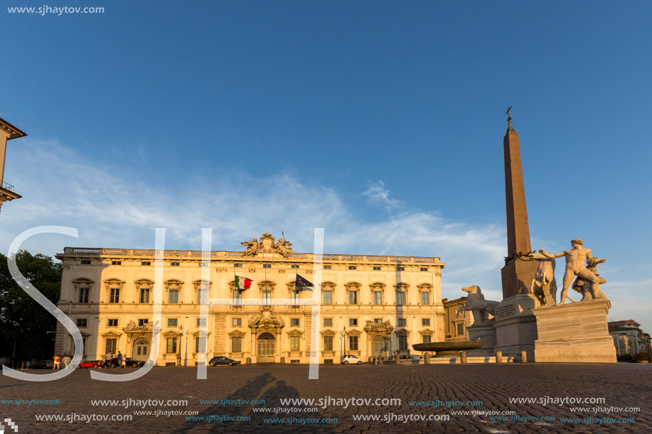 ROME, ITALY - JUNE 24, 2017: Sunset view of Obelisk and Palazzo della Consulta at Piazza del Quirinale in Rome, Italy