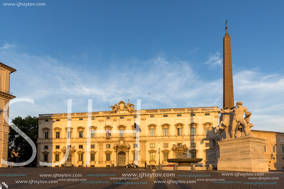 ROME, ITALY - JUNE 24, 2017: Sunset view of Obelisk and Palazzo della Consulta at Piazza del Quirinale in Rome, Italy