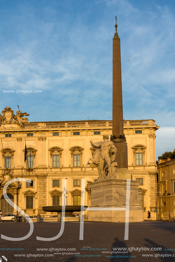 ROME, ITALY - JUNE 24, 2017: Sunset view of Obelisk and Palazzo della Consulta at Piazza del Quirinale in Rome, Italy