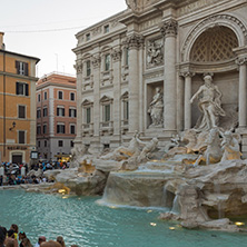 ROME, ITALY - JUNE 24, 2017: Sunset view of Tourist visiting Trevi Fountain (Fontana di Trevi) in city of Rome, Italy