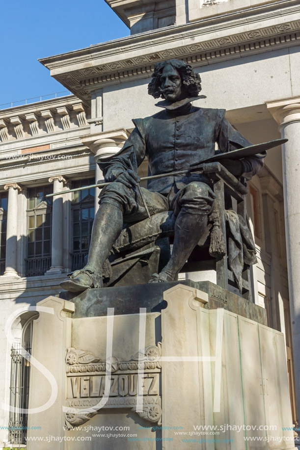 MADRID, SPAIN - JANUARY 22, 2018: Velazquez Statue in front of Museum of the Prado in City of Madrid, Spain