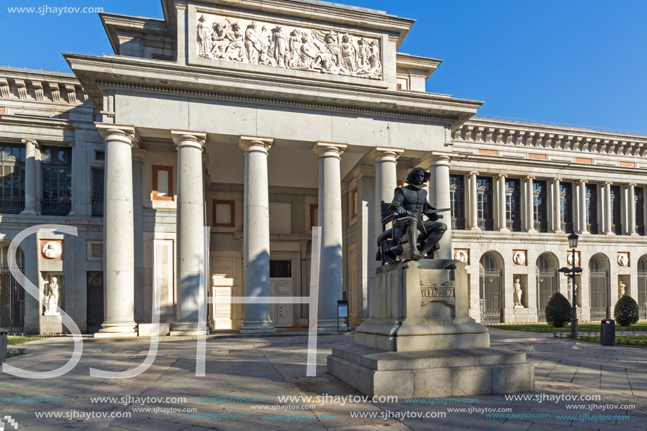 MADRID, SPAIN - JANUARY 22, 2018: Velazquez Statue in front of Museum of the Prado in City of Madrid, Spain