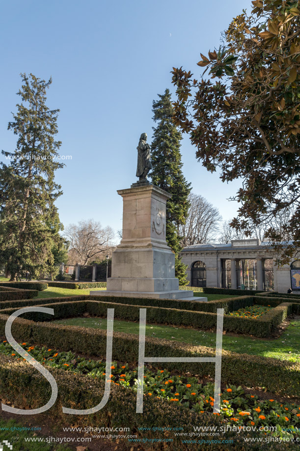 MADRID, SPAIN - JANUARY 22, 2018: Plaza Murillo in front of Museum of the Prado in City of Madrid, Spain