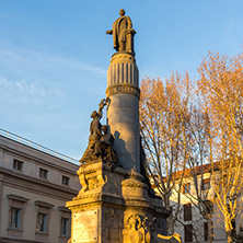 MADRID, SPAIN - JANUARY 22, 2018: Sunset view of Monument of Francisco Romero Robledo and Senate in City of Madrid, Spain