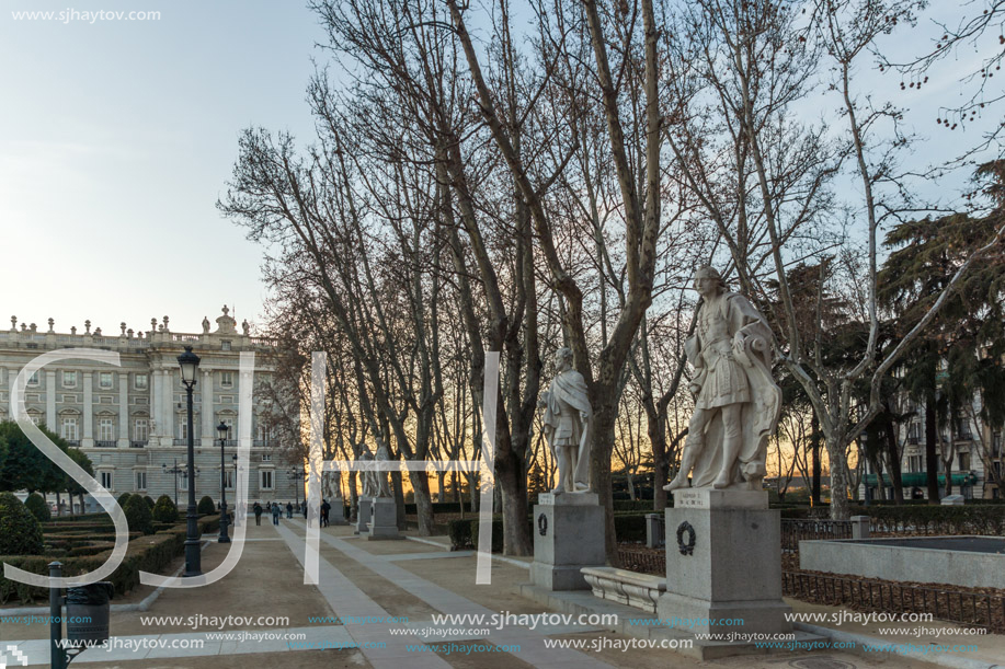 MADRID, SPAIN - JANUARY 22, 2018: Sunset view of Gardens of Cape Noval and Royal Palace in City of Madrid, Spain