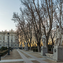 MADRID, SPAIN - JANUARY 22, 2018: Sunset view of Gardens of Cape Noval and Royal Palace in City of Madrid, Spain