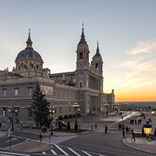 MADRID, SPAIN - JANUARY 22, 2018:  Amazing Sunset view of Almudena Cathedral in City of Madrid, Spain