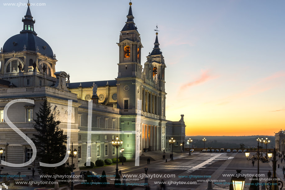 MADRID, SPAIN - JANUARY 22, 2018:  Amazing Sunset view of Almudena Cathedral in City of Madrid, Spain