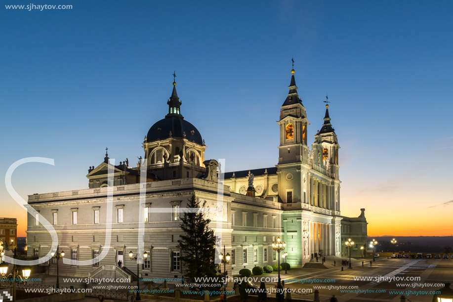 MADRID, SPAIN - JANUARY 22, 2018:  Amazing Sunset view of Almudena Cathedral in City of Madrid, Spain