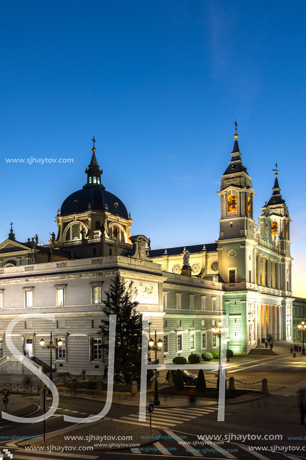 MADRID, SPAIN - JANUARY 22, 2018:  Amazing Sunset view of Almudena Cathedral in City of Madrid, Spain