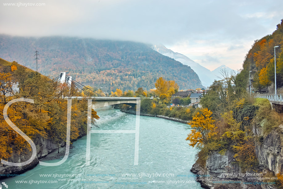 SAINT MAURICE, SWITZERLAND - OCTOBER 27, 2015:  Amazing Autumn Landscape of Rhone River, canton of Vaud, Switzerland