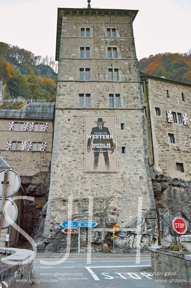 SAINT MAURICE, SWITZERLAND - OCTOBER 27, 2015:  Frontal view of St. Maurice History fortress, canton of Vaud, Switzerland