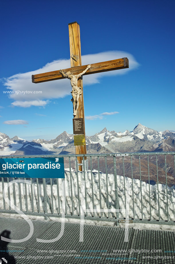 MATTERHORN GLACIER PARADISE, SWITZERLAND - OCTOBER 27, 2015: Crucifixion on Matterhorn Glacier Paradise near Matterhorn Peak, Alps, Switzerland