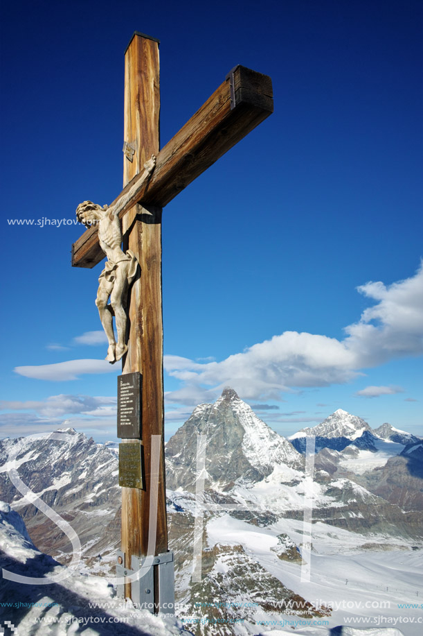 MATTERHORN GLACIER PARADISE, SWITZERLAND - OCTOBER 27, 2015: Crucifixion on Matterhorn Glacier Paradise near Matterhorn Peak, Alps, Switzerland