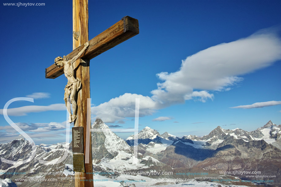 MATTERHORN GLACIER PARADISE, SWITZERLAND - OCTOBER 27, 2015: Crucifixion on Matterhorn Glacier Paradise near Matterhorn Peak, Alps, Switzerland