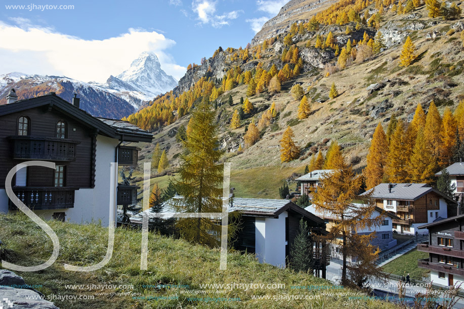 ZERMATT, SWITZERLAND - OCTOBER 27, 2015:   Autumn Panorama of Zermatt Resort, Canton of Valais, Switzerland