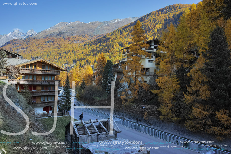 ZERMATT, SWITZERLAND - OCTOBER 27, 2015:   Autumn Panorama of Zermatt Resort, Canton of Valais, Switzerland